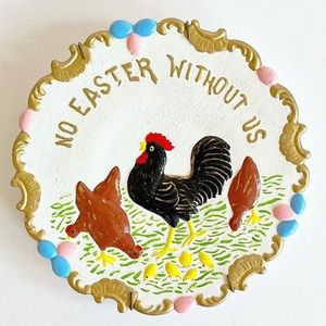 Vintage Easter Hand Painted Decorative Plate Chickens Eggs Kitschy Kitchen Decor